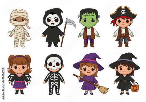 Cartoon illustration featuring eight halloween characters in various costumes and festive attire