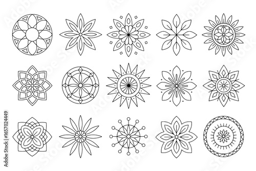 15 Outline Mandala and Flower Icons: Black Line Art on White Background