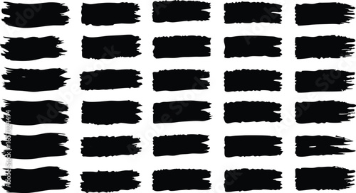 Collection of 30 black brush strokes isolated on white background, representing art and design elements with a textured, grunge feel