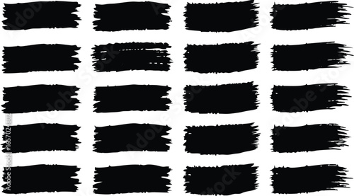 Collection of black brush strokes isolated on white background, representing artistic and creative design elements with a textured feel