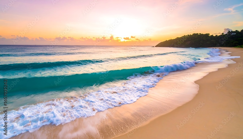 Fototapeta premium A serene tropical beach at sunset, featuring turquoise waves gently washing ashore on a pale golden beach.