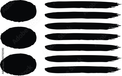 Three black ovals and seven horizontal brush strokes isolated on a white background, symbolizing artistic elements and design