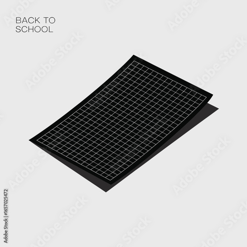 black vector silhouette of a rectangular sheet of graph paper with visible grid lines, slightly angled for depth, flat minimal style, centered on white background