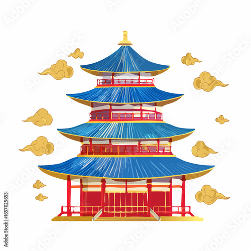 Illustration of Majestic Pagoda in Traditional Ukiyo-e Style Art : A stunning Ukiyo-e inspired pagoda artwork with vibrant blue, red, gold, and white details.