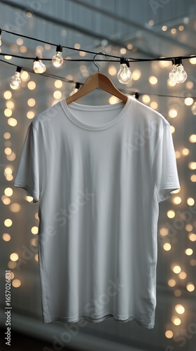 Stylish White T-Shirt Hanging Under Fairy Lights in a Cozy Setting During the...
