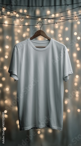 Simple White T-Shirt Displayed Against a Backdrop of Warm Fairy Lights in a C...