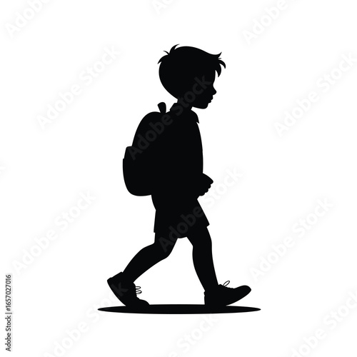  black vector silhouette of a schoolboy walking with a backpack on his back, simple clean lines, slightly angled for dynamic perspective, flat minimal style