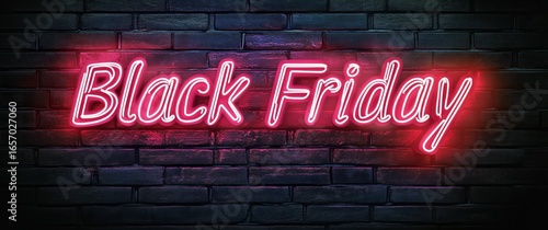 Bright Neon Sign Displaying Black Friday on a Brick Wall During Evening Hours