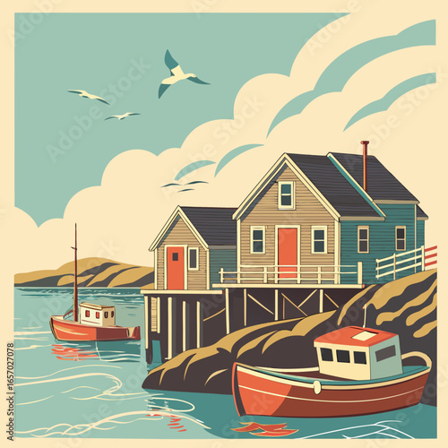 Vintage fishing boats by coastal house on serene waters  
