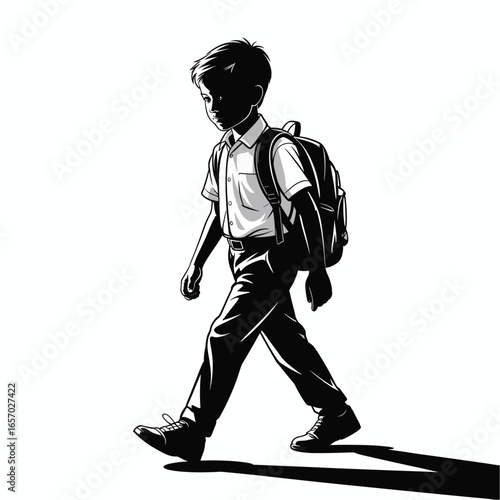  black vector silhouette of a schoolboy walking with a backpack on his back, simple clean lines, slightly angled for dynamic perspective, flat minimal style