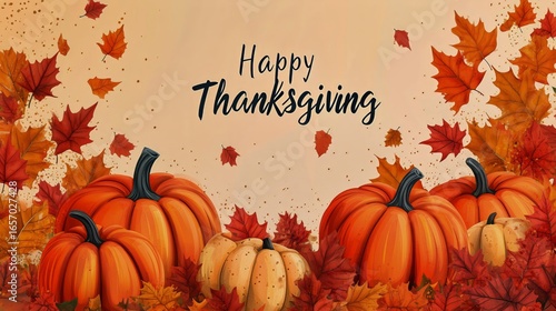 Thanksgiving Decor Featuring Pumpkins and Autumn Leaves Creates a Festive Atm...
