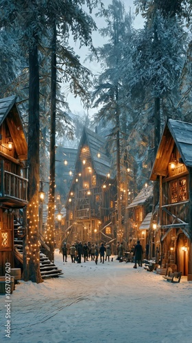 Winter Village Illuminated by Warm Lights During Snowy Evening.