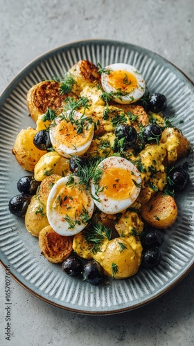 Delicious Potato and Egg Dish Served on Textured Plate With Herbs and Olives