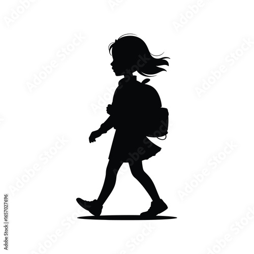 black vector silhouette of a schoolgirl walking with a backpack, hair slightly flowing, simple clean lines, slightly angled for dynamic perspective, flat minimal style