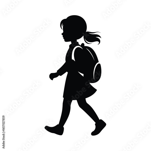 black vector silhouette of a schoolgirl walking with a backpack, hair slightly flowing, simple clean lines, slightly angled for dynamic perspective, flat minimal style