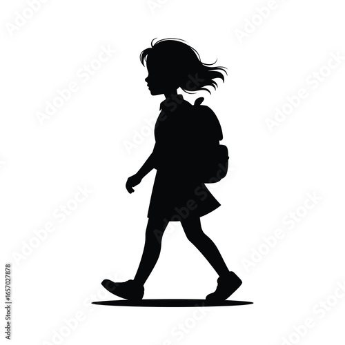 black vector silhouette of a schoolgirl walking with a backpack, hair slightly flowing, simple clean lines, slightly angled for dynamic perspective, flat minimal style