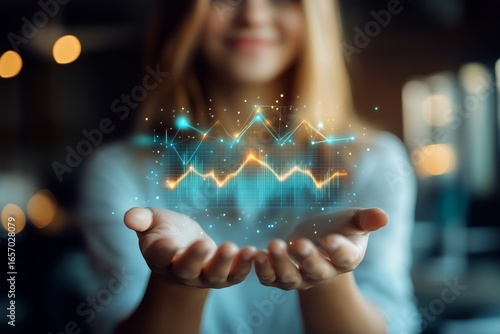 Woman Displaying Digital Financial Data With Glowing Graphs and Charts in Mod...