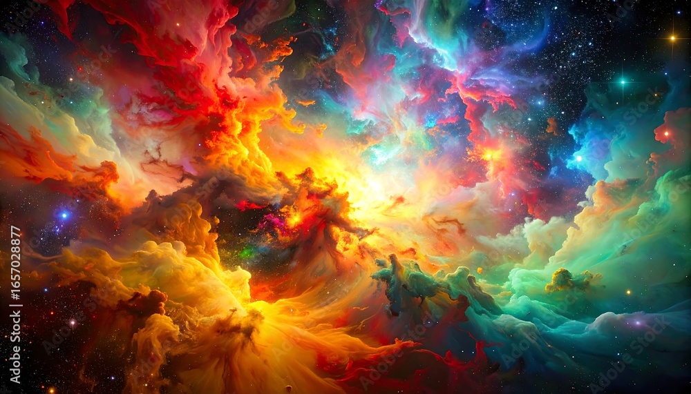 Fototapeta premium A vibrant display of swirling cosmic clouds, showcasing a kaleidoscope of colors, from fiery oranges and reds to cool greens and purples, against a backdrop of glittering stars.