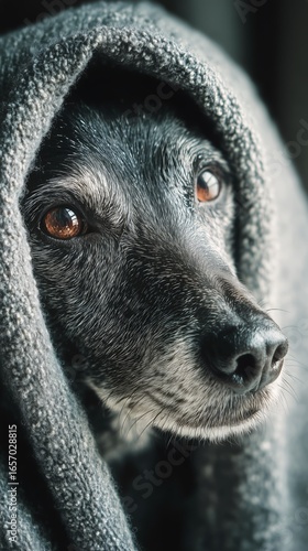 Dog Wrapped in a Cozy Blanket With Expressive Eyes Looking Curiously at the C...