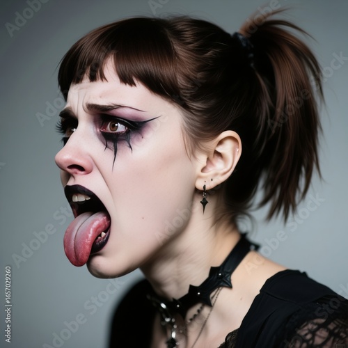 Goth woman displays heavy makeup with dramatic eye makeup and dark lipstick while sticking out tongue with light skin and dark hair tied in a ponytail