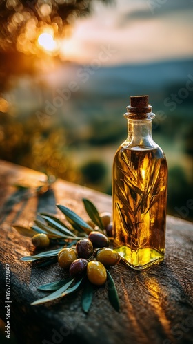 Olive Oil Bottle With Olives on Wooden Table at Sunset in Rural Landscape