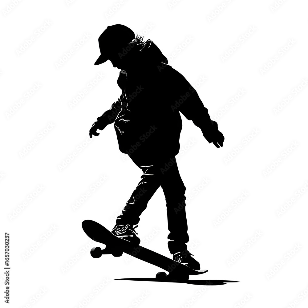 Fototapeta premium Skateboarder Silhouette: Young Boy Riding Skateboard in Black and White