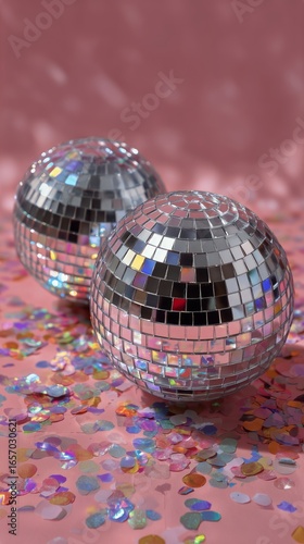 Shiny Disco Balls on Pink Surface With Colorful Confetti Scattered Around Them.