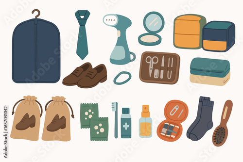 Business travel flat icon set. essential packing, office accessories collection