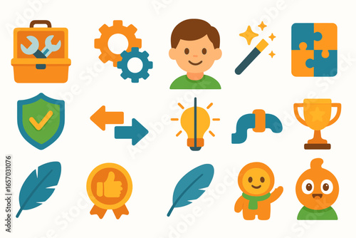 Business, technology flat icon set. tools, awards, creativity symbols flat collection