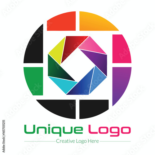 Abstract colorful geometric logo design featuring a circular aperture shape with vibrant segmented petals and a modern minimalist text overlay