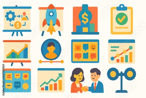 Business and finance flat icon set. marketing, strategy, growth, achievement icons