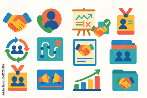Business, communication flat icon set. collaboration, marketing graphics collection
