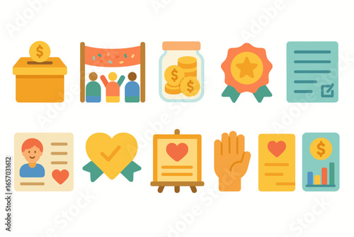 Charity and donation flat icon set. community, fund, giving, volunteer, aid collection