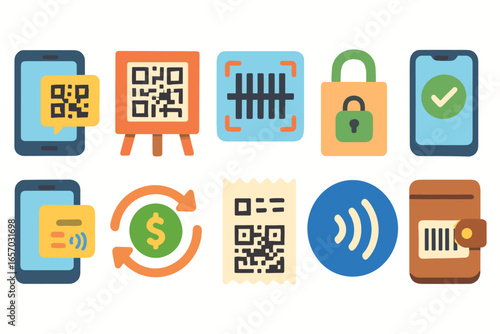E-commerce, payment security flat icon set. digital, qr code, contactless icons collection