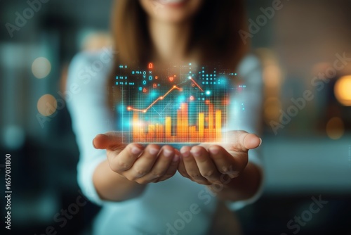 Woman Displaying Digital Financial Data With Glowing Graphs and Charts in Mod...