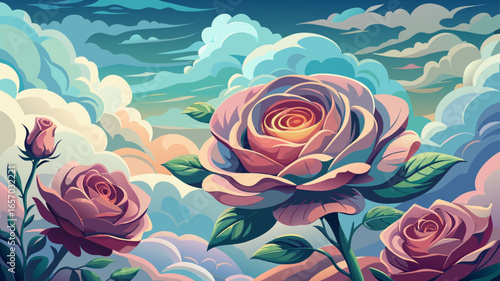 Close up delicate heavenly roses bloom against a cloudy sky background, elegance glowing softly, flowers radiating ethereal charm, clouds drifting gently, cloudy day atmosphere embracing softness, ele