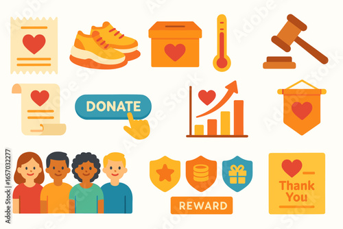 Charity and donation icon set. support, volunteer, giving icons in flat style