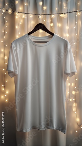 Stylish White T-Shirt Hanging Under Fairy Lights in a Cozy Setting During the...