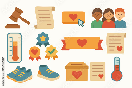 Charity and fundraising flat icon set. donation, community, volunteer symbols collection