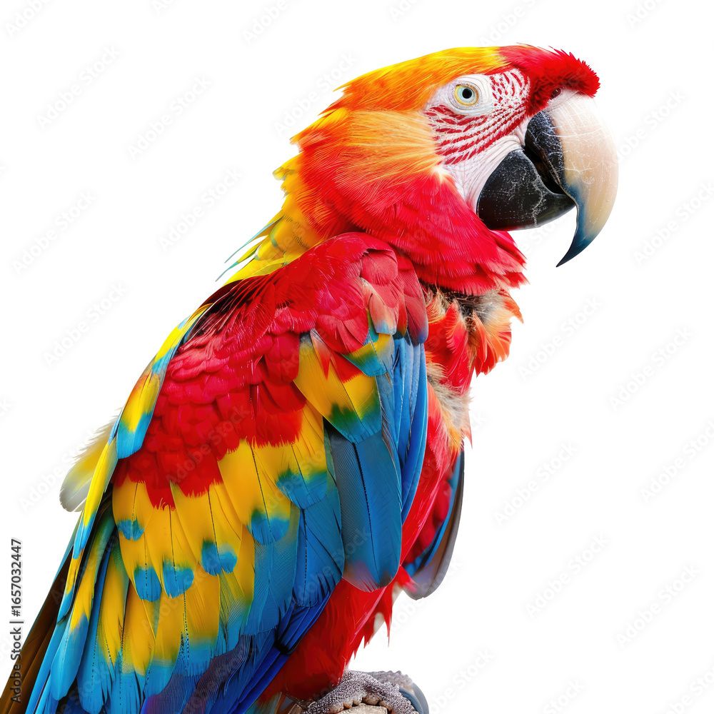 Fototapeta premium and keyword list based on the image you provided.. Vibrant Parrot Posing; Close-Up Shot against Black Background.