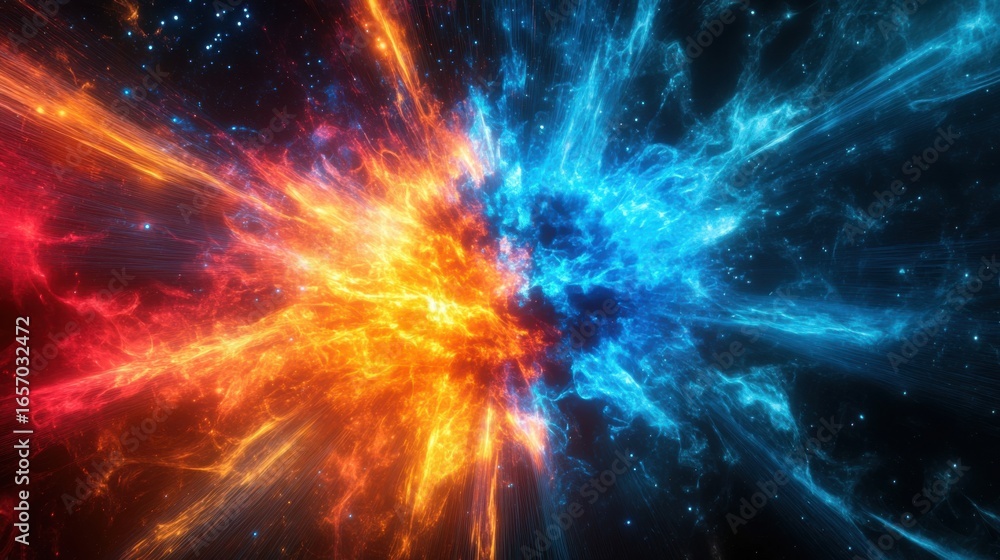Fototapeta premium An explosive burst of fiery colors in contrasting hues represents dynamic energy and cosmic forces, creating a mesmerizing and vivid abstract art piece that captivates the viewer.
