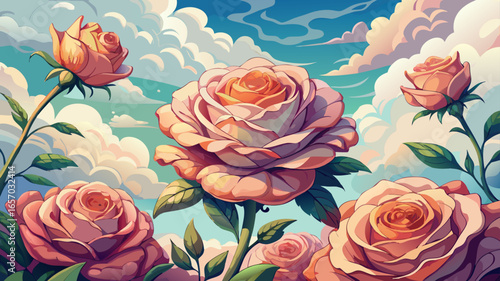 Close up delicate heavenly roses bloom against a cloudy sky background, elegance glowing softly, flowers radiating ethereal charm, clouds drifting gently, cloudy day atmosphere embracing softness, ele