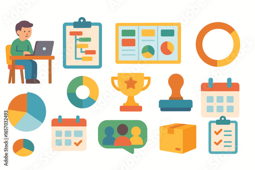 Business, office flat icon set. productivity, management tools for effective workflow
