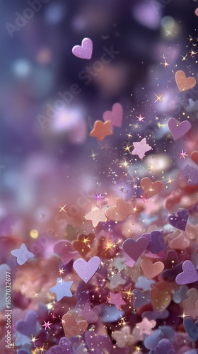 Colorful Shining Hearts and Stars Floating in a Dreamy Background