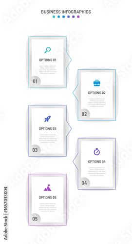 Vertical progress bar featuring 5 arrow-shaped elements, symbolizing the five stages of business strategy and progression. Clean timeline infographic design template. Vector for mobile presentation.