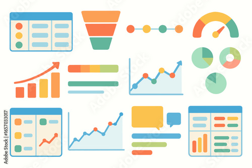 Data analytics flat icon set. charts, graphs, and dashboard icons collection