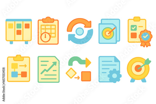 Project management line icon set: plans, deadlines, tasks, updates, goals