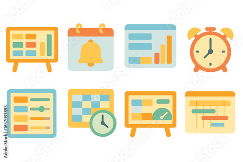 Planning, productivity flat icon set. schedule, task management flat icons collection