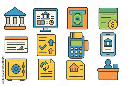Finance and banking outline icon set. money, business, currency symbols