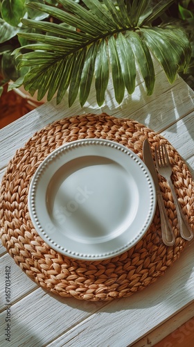 Elegant Dining Setup With a White Plate on a Woven Placemat Beside Cutlery an...